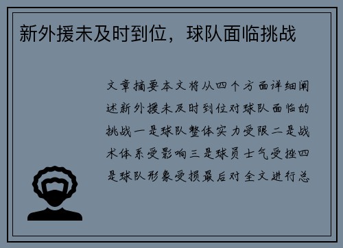 新外援未及时到位，球队面临挑战